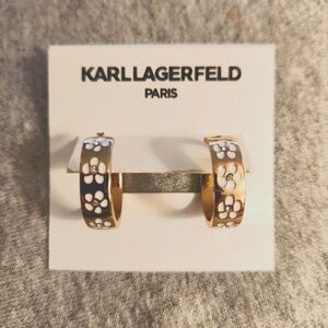 Karl Lagerfeld Paris Gold-tone White Enamel Flower Inlay Small Hoop Earrings